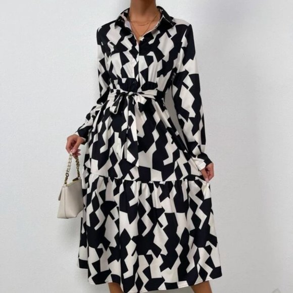 Black & white Geometric Pattern Belted Shirt Dress - Picture 3 of 9